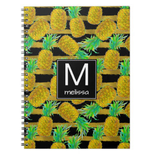 Goldene Ananas auf Monogramm der Streifen- Notizblock