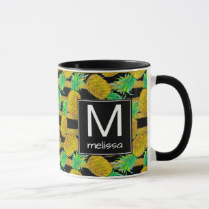 Goldene Ananas auf Monogramm der Streifen- Tasse