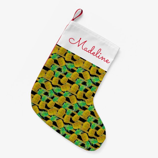 Goldene Ananas auf Streifen | addieren Ihren Namen Kleiner Weihnachtsstrumpf (Vorderansicht (hängend))