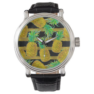 Goldene Ananas auf Streifen Armbanduhr