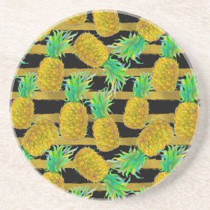 Goldene Ananas auf Streifen Getränkeuntersetzer