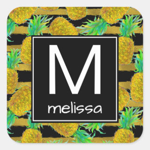 Goldene Ananas auf Streifen   Monogramm Quadratischer Aufkleber