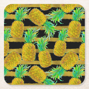 Goldene Ananas auf Streifen Rechteckiger Pappuntersetzer