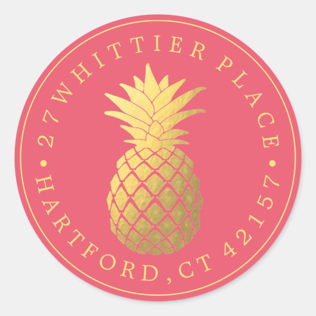 Goldene Ananas | Elegante Adresse Runder Aufkleber (Vorderseite)