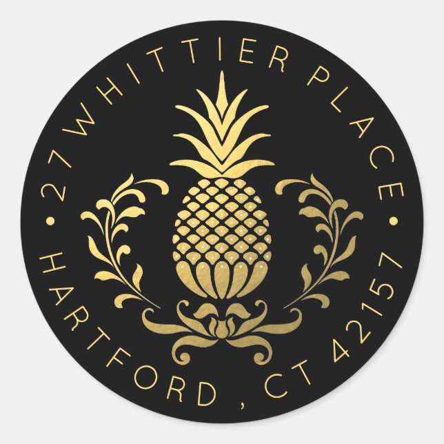 Goldene Ananas | Elegante Adresse Runder Aufkleber (Vorderseite)