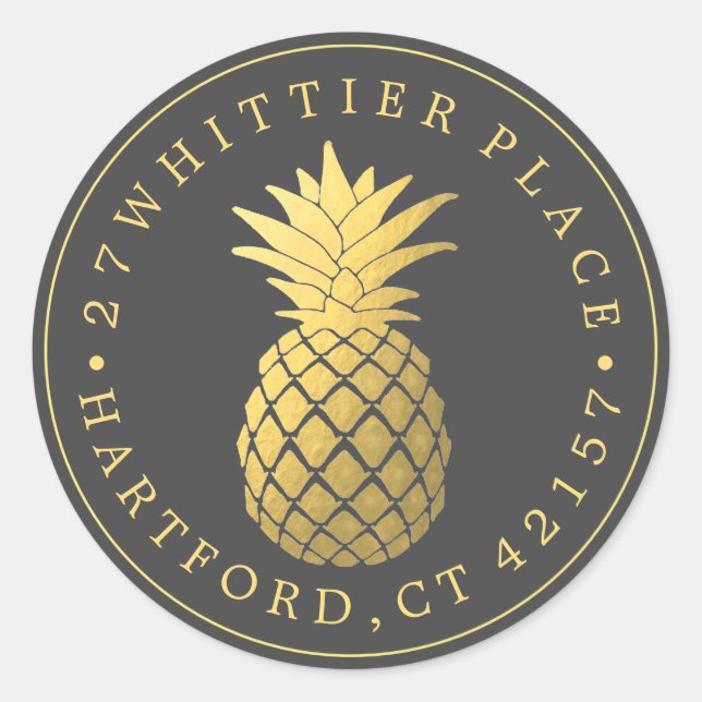 Goldene Ananas | Elegante Adresse Runder Aufkleber (Vorderseite)
