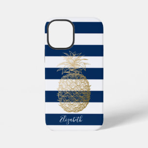 Goldene Ananas ,Navy Blau Gestreift-Personalisiert iPhone 12 Mini Hülle