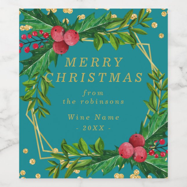 Goldene Aquamarine Familie Frohe Weihnachten Holly Weinetikett (Einzelnes Label)