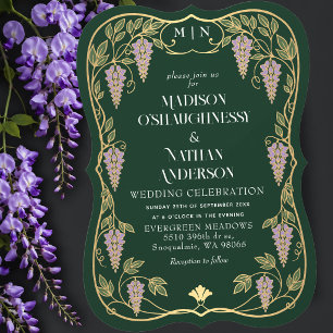 Goldene Art Nouveau Lila Wisteria Hochzeit Einladung