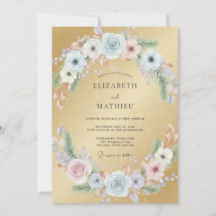 Goldene Azure-Ranunculus-Eukalyptus-Hochzeit Einladung