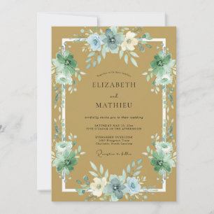 Goldene Azure-Ranunculus-Eukalyptus-Hochzeit Einladung