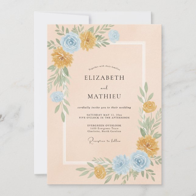 Goldene Azure Wildblumen-Hochzeit Einladung (Vorderseite)