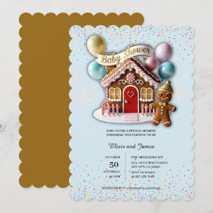 Goldene Babyparty zum Thema Gingerbread-Haus Einladung