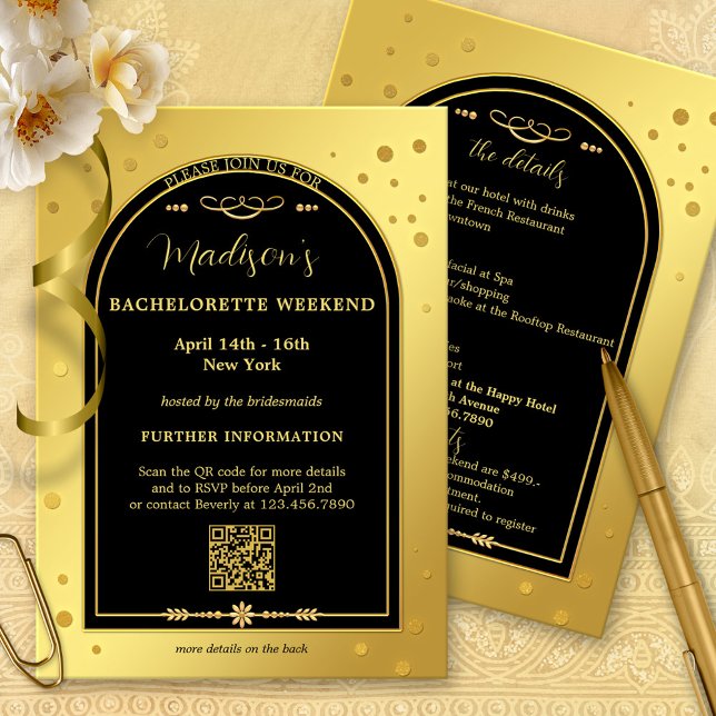 Goldene Bachelorette Wochenendreise Einladung (Bachelorette weekend getaway invitation program template with a gold black confetti sparkles design)