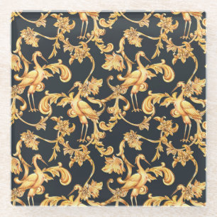 Goldene Barockkraniche: Rokoko-Ornament. Glasuntersetzer