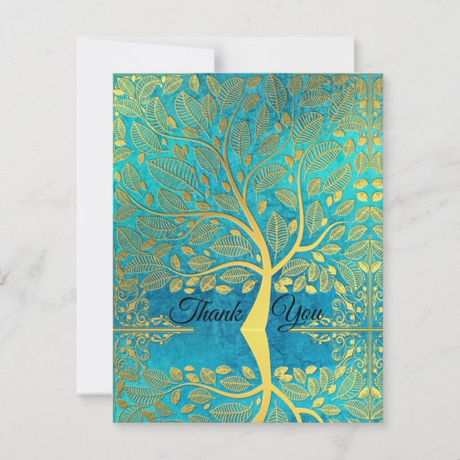 Goldene Baumreflektion über Blaue Pfaue Dankeskarte (Vorderseite)