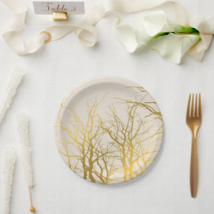 Goldene Baumzweig-Muster Beige Hintergrund  Pappteller