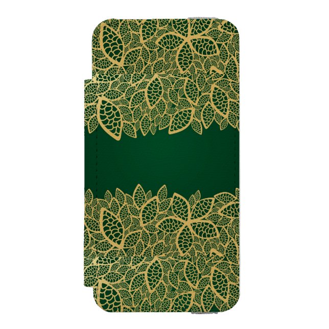 Goldene Blatspitze auf grünem Hintergrund Incipio iPhone Geldbeutel-Hülle (Folio Vorderseite)