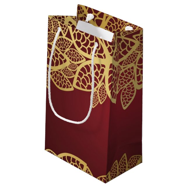 Goldene Blatspitze auf rotem Hintergrund Kleine Geschenktüte (Rückseite Schrägansicht)