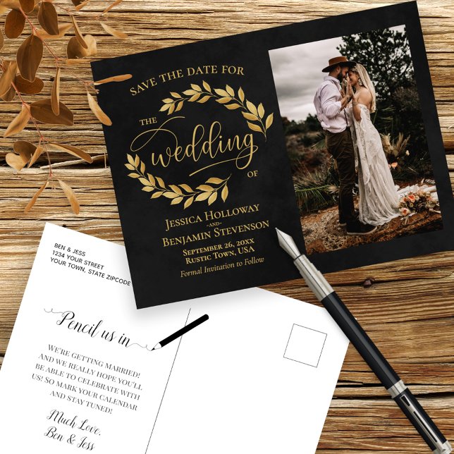 Goldene Blätter auf Black Foto Wedding Save the Da Ankündigungspostkarte (Von Creator hochgeladen)