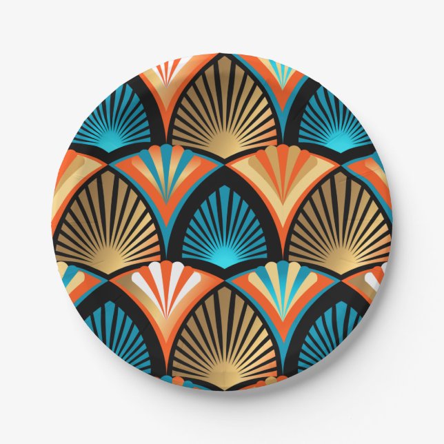 Goldene Blätter aus geometrischen Palmen im Art Dé Pappteller (Vorderseite)
