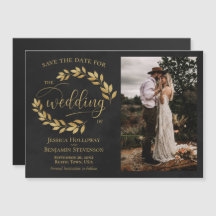Goldene Blätter & Foto Save the Date auf Schwarz