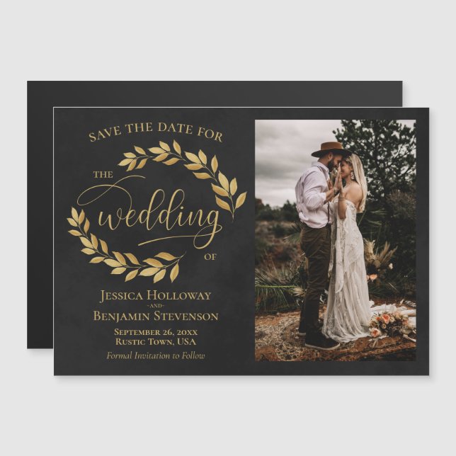 Goldene Blätter & Foto Save the Date auf Schwarz Magneteinladung (Vorne/Hinten)