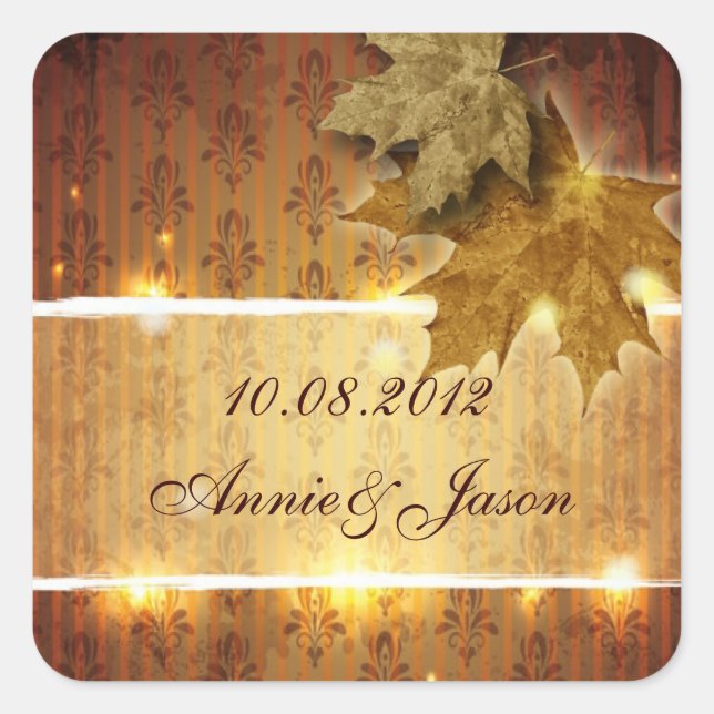 Goldene Blätter glamouröse Hochzeit im Herbst zu G Quadratischer Aufkleber (Vorderseite)