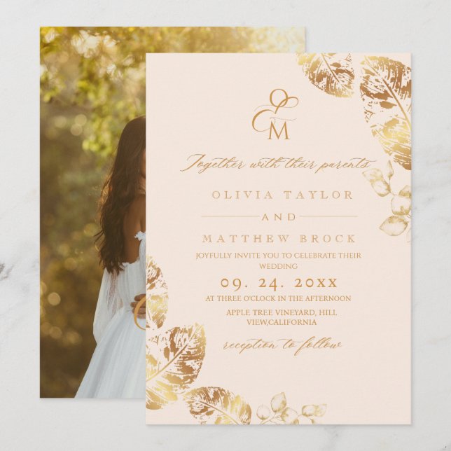 Goldene Blätter im Herbst | Botanische Hochzeit Einladung (Vorne/Hinten)