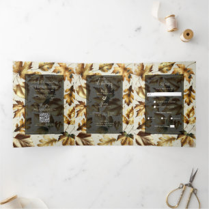 Goldene Blätter Mandel Beige & Schwarzer Glamour H Dreifach Gefaltete Einladung