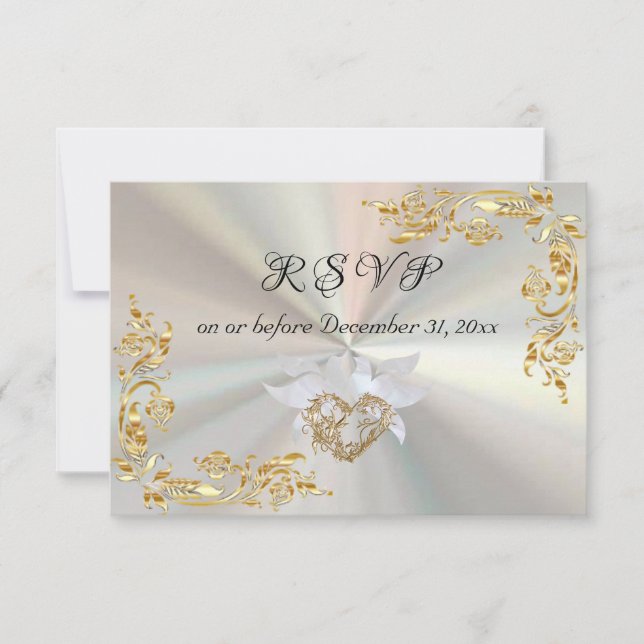 Goldene Blätter mit weißer Perle RSVP Karte (Vorderseite)