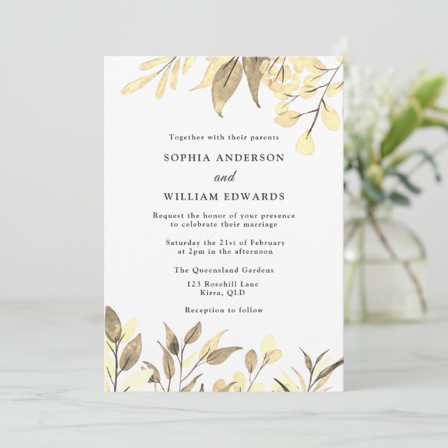 Goldene Blätter Moderne Goldene Hochzeit Einladung (Stehend Vorderseite)