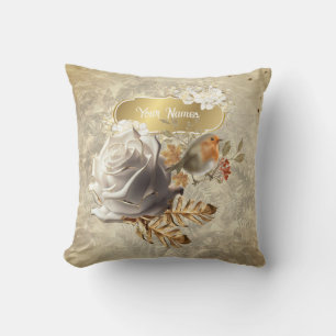 Goldene Blätter, Rose & Vögel Wurfkissen Kissen