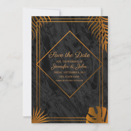 Goldene Blätter und geometrische Rahmen für tropis Save The Date