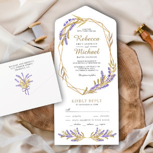 Goldene Blätter und Lavendel Blumenhochzeit All In One Einladung