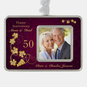 Goldene Blätter zum lila 50. Hochzeitstag Rahmen-Ornament Silber