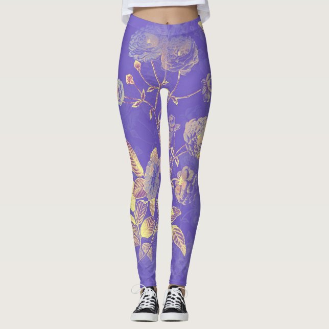 Goldene Blattfolie auf Lila Hintergrund Leggings (Vorderseite)