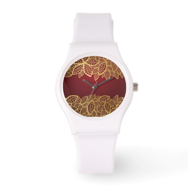 Goldene Blattspitze auf rotem Hintergrund Armbanduhr (Vorderseite)