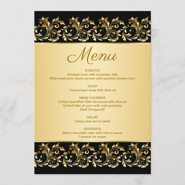 Goldene Blattwerk-Wirbel auf der Black Menu Card Menükarte (Vorderseite)