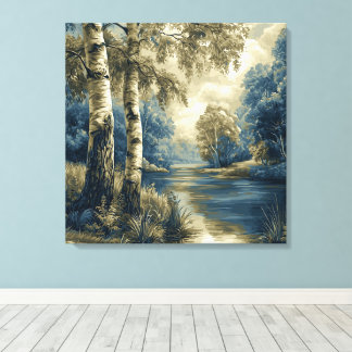 Goldene Blaue Birkenbäume an der Flusslandschaft Leinwanddruck