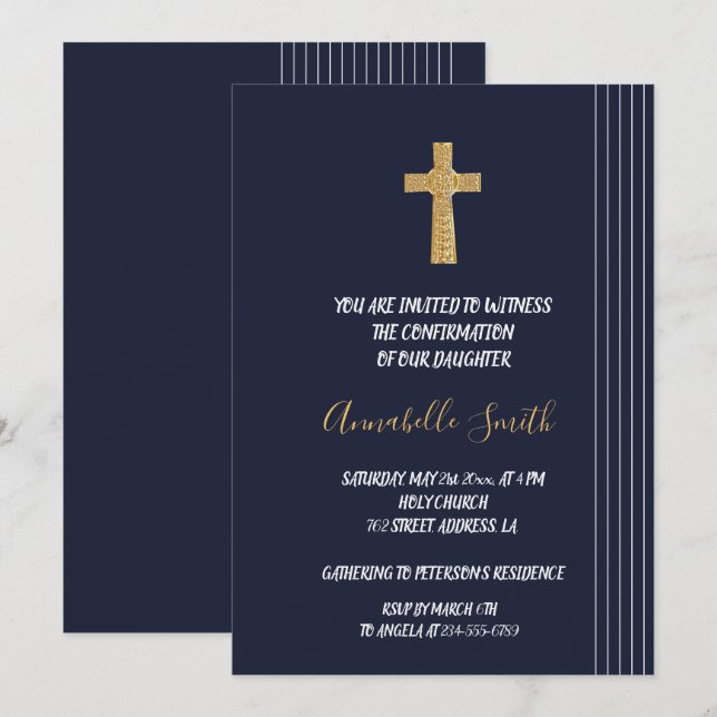 Goldene, blaue, elegante    TypografieBESTÄTIGUNG Einladung (Vorne/Hinten)