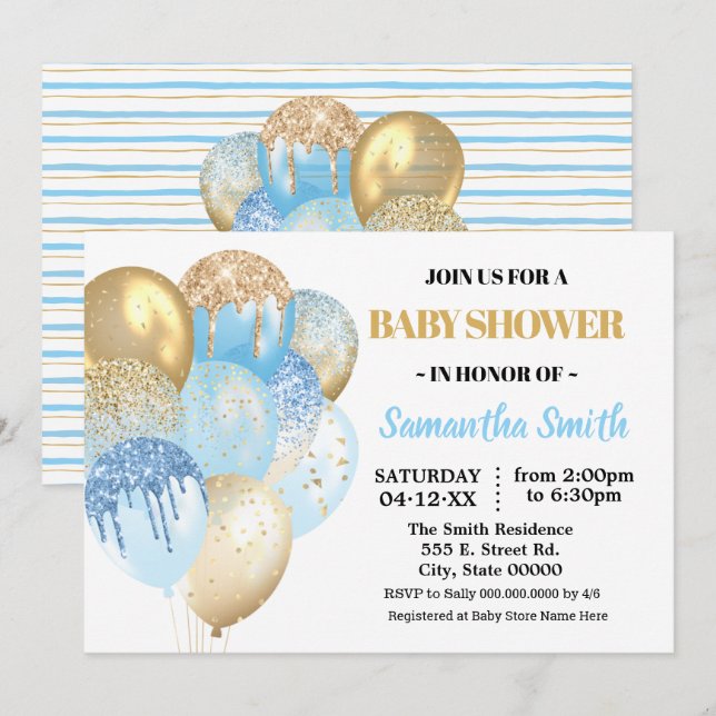 Goldene Blauer Glitzer Balloons Kinderdusche Einladung (Vorne/Hinten)