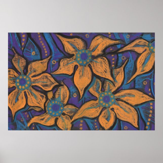Goldene Blume, abstrakte Blumenkunst, lila orange Poster (Vorne)