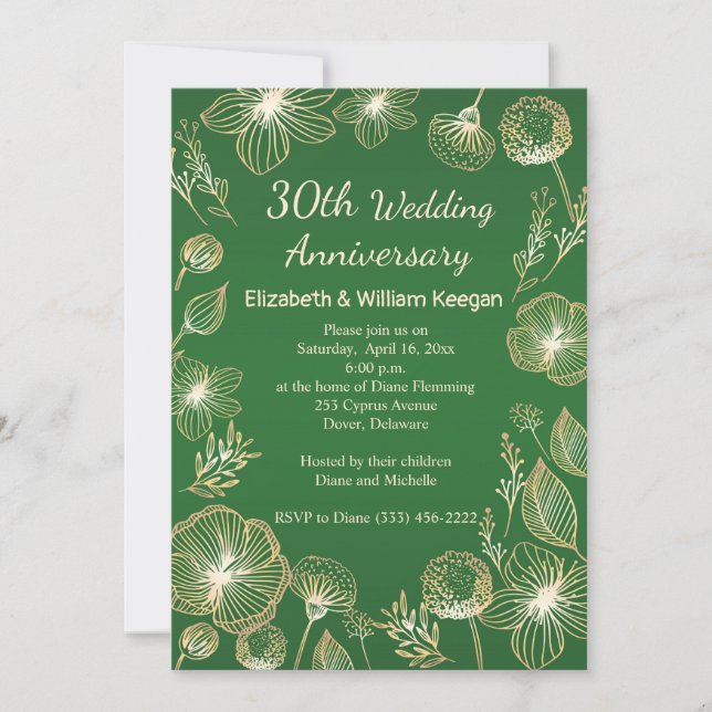 Goldene Blume auf grünem 30. Hochzeitstag Einladung (Vorderseite)