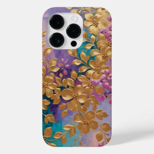 Goldene Blume auf rosa Lilac Türkis gestrichen Case-Mate iPhone 14 Pro Hülle