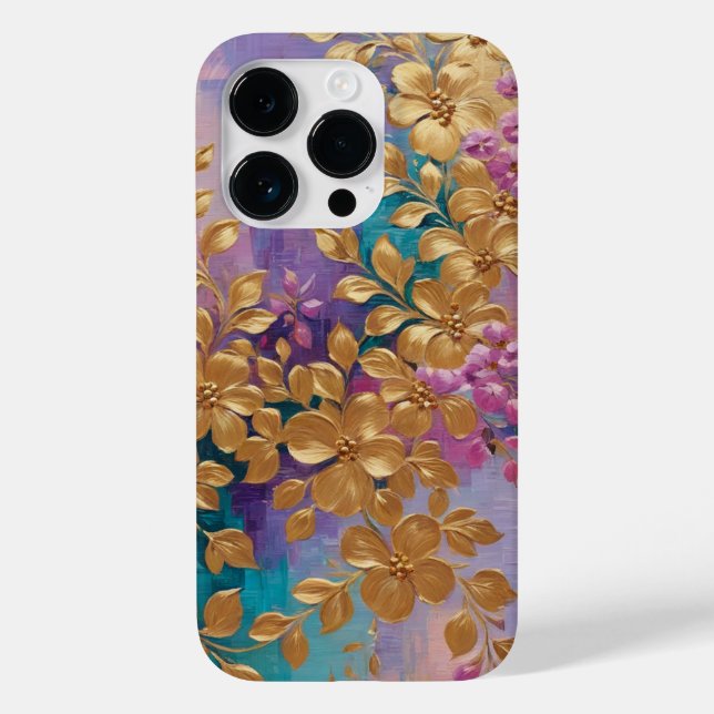 Goldene Blume auf rosa Lilac Türkis gestrichen Case-Mate iPhone 14 Pro Hülle (Rückseite)