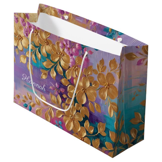 Goldene Blume auf rosa Lilac Türkis gestrichen Große Geschenktüte (Vorderseite Schrägansicht)