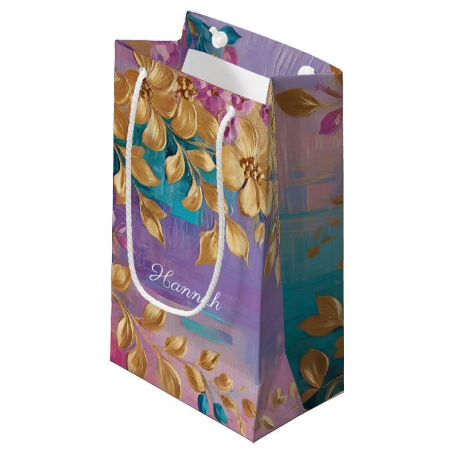 Goldene Blume auf rosa Lilac Türkis gestrichen Kleine Geschenktüte (Vorderseite Schrägansicht)