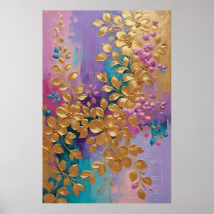 Goldene Blume auf rosa Lilac Türkis gestrichen Poster