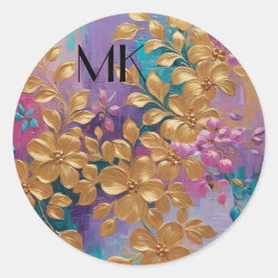 Goldene Blume auf rosa Lilac Türkis gestrichen Runder Aufkleber